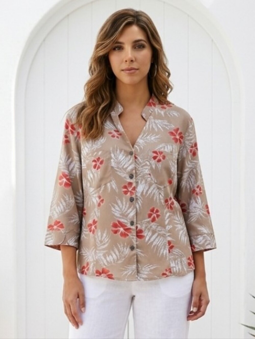Beige Floral Button-Up Blouse with Coral Accents Size 14
